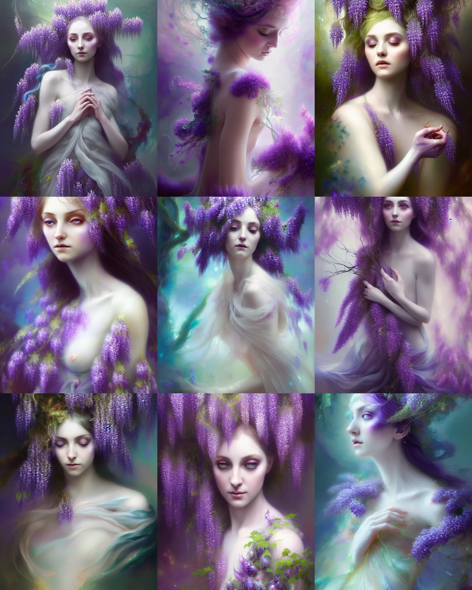 Image similar to Full View Portrait Mystical ethereal wisteria deity wearing beautiful dress, wisteria Dryad, 4k digital masterpiece by Anna dittman and Ruan Jia and Alberto Seveso, fantasycore, Hyperdetailed, realistic oil on linen, soft lighting, wisteria background, featured on Artstation