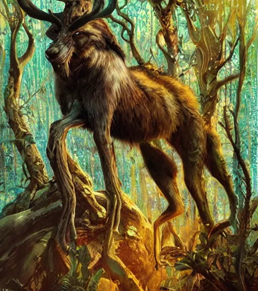 Prompt: ancient animal god in a forest, digital art by karol bak