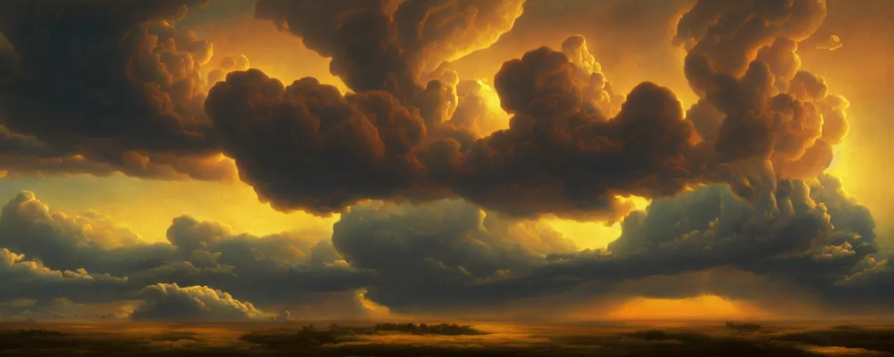 Prompt: massive cumulonimbus clouds at sunset. in the style of an surreal and sublime awesome oil on canvas masterpiece mural painting by the great masters, unreal engine, 4 k, matte finish, incredible detail
