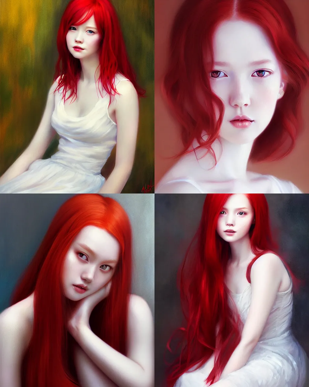 Image similar to girl with red hair and white dress, a beautiful portrait, soft painting, by stanley artgerm lau, wlop, rossdraws, lerapi, and sakimichan