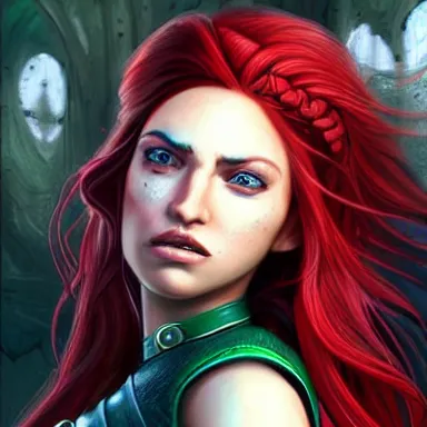 Prompt: A fantasy cartoon portrait of a young woman with thickly braided red hair, green eyes, femshep, by Rossdraws and Bluesssatan and Mandy Jurgens and Stjepan Sejic, detailed, textured, vivid colors, colorful, photorealistic, high dynamic range, HDR, Artstation, Pinterest, Mass Effect, Lord of the Rings, Cyberpunk 2077, Overwatch, alexandra daddario, alessandra ambrosio, audrey hepburn, keira knightley, kristen stewart, miley cyrus, comics, comic books, cross-hatching, inking, detailed