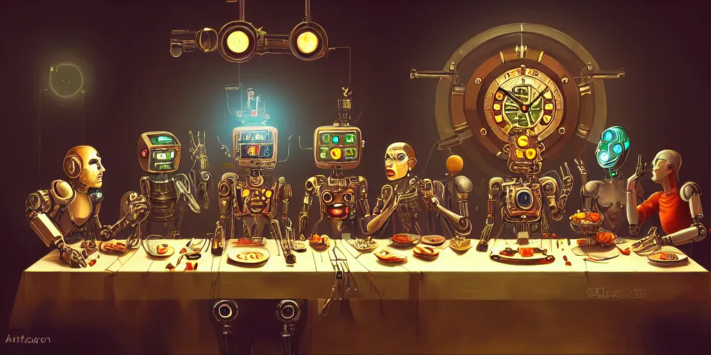 Image similar to clockpunk robot last supper, digital painting, trending on artstation, sharp focus, 4 k