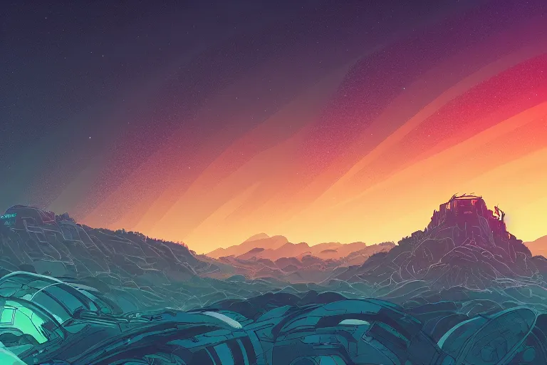 Image similar to concept art of an epic spiral galaxy in style of dan mumford and laurie greasley by james gilleard, very detailed, clean lines, atmospheric, vivid, wide angle, masterpiece