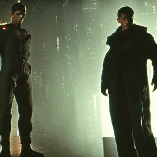 Image similar to film still blade runner with a man in a techwear outfit