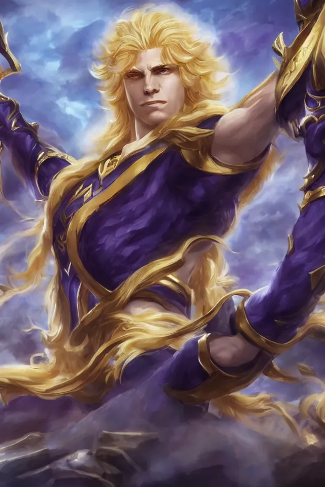 Image similar to Dio as a blond male demigod with beautiful long curly hair proclaiming victory over his subjects, grandiose royal palatial staging, official league of legends splash art, artstation HD