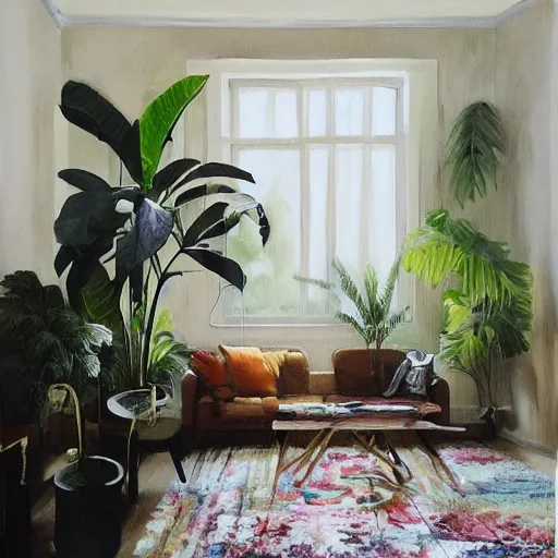 Prompt: ! dream a living room with plants and speakers and a painting on the wall, a photorealistic painting by mollie forestier - walker, featured on tumblr, light and space, sanctuary, soft light, aesthetic