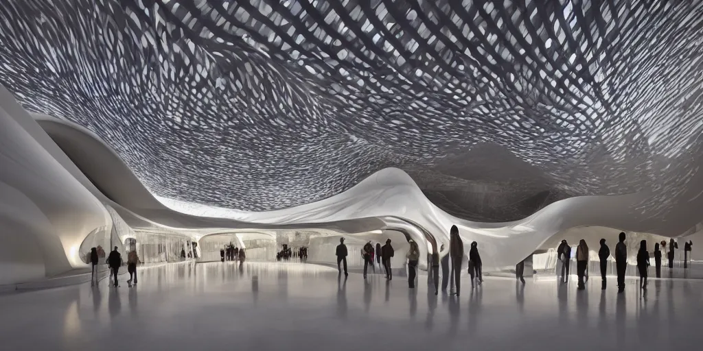 Prompt: extremely detailed ornate stunning sophisticated beautiful elegant futuristic museum lobby interior by Zaha Hadid, stunning volumetric light, stainless steal, concrete, translucent material, beautiful sunset, tail lights