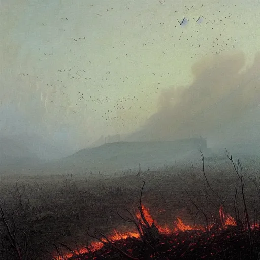 Image similar to a plague of locusts over burning forest and meadows on fire. desolate landscape. fields on fire. greg rutkowski gustave dore caspar david friedrich dystopian hyperdetailed landscape. millions of tiny locusts in the sky