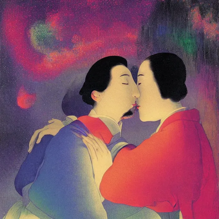 Image similar to close portrait of woman and man kissing. aurora borealis. iridescent, vivid psychedelic colors. painting by georges de la tour, agnes pelton, utamaro, monet