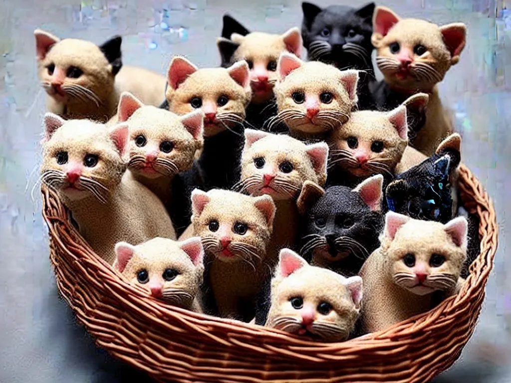 Image similar to a perfect photograph of a basket made of woven kittens, a horrifying concoction of craft, fur, legs and gratuitous nightmares