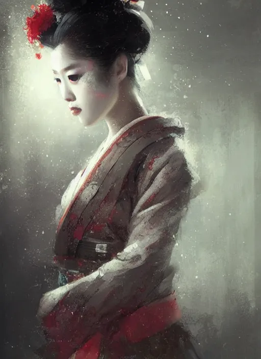 Image similar to female geisha girl, beautiful face, rule of thirds, intricate outfit, spotlight, by greg rutkowski, by jeremy mann