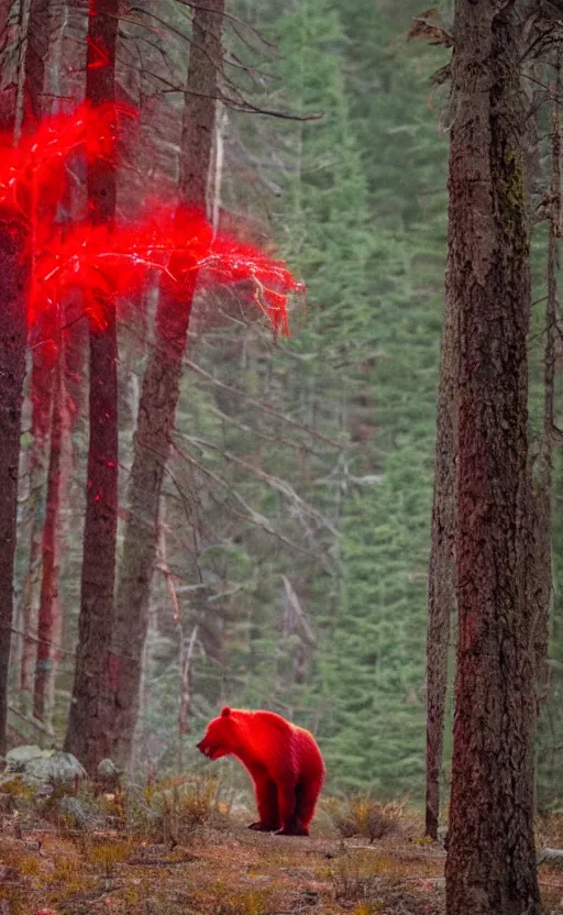 Prompt: real life photo of a red glowing bear in the canadian wilderness,