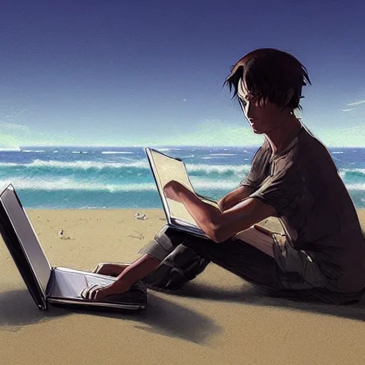 Prompt: concept art of man working on laptop at beach, perfect face, fine details, by greg rutkowski, makoto shinkai