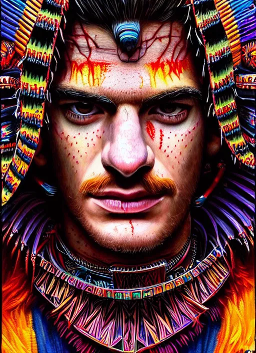 Image similar to portrait of andrew garfield, hyper detailed ultra sharp aztec shaman warrior. trending on artstation, warpaint aesthetic, bloodwave, colorful, psychedelic, ornate, intricate, digital painting, concept art, smooth, sharp focus, illustration, art by artgerm and greg rutkowski and h. r. giger, 8 k