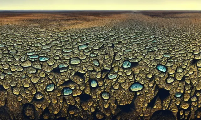 Image similar to beautiful panorama of many magnificent big upside-down raindrops in a perfect cloudless blue sky above a dried up river, desolate land, dead trees, blue sky, hot and sunny highly-detailed, elegant, dramatic lighting, artstation, 4k, cinematic landscape, masterpiece photograph by Elisabeth Gadd, National Geographic