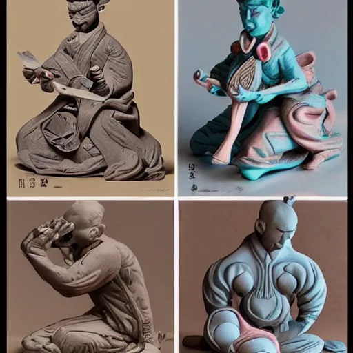 Image similar to claymation, 3 d clay sculpture, made of clay, ukiyo - e sculpture, colorful, detailed, inspired by tsuchiya koitsu