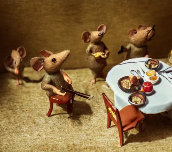 Image similar to macro photo, diorama of a miniature french restaurant for mice, interior