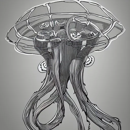 Image similar to psychedelic biomechanical robot jellyfish