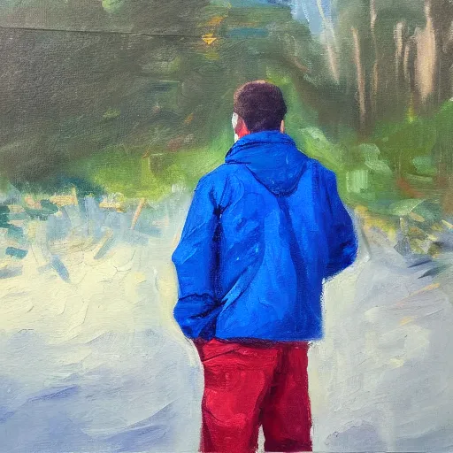 Image similar to guy in a blue jacket, landscape, oil painting