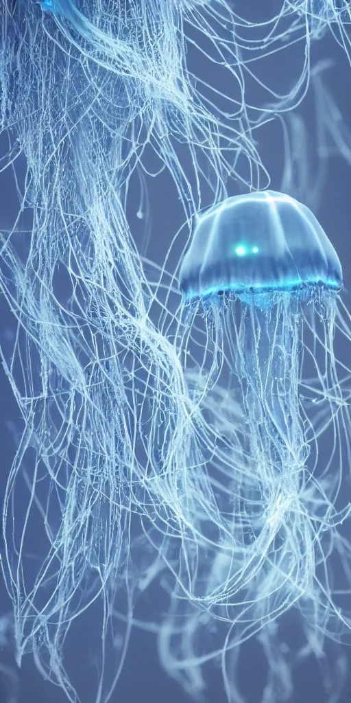 Image similar to at night, big blue jellyfish glowing in the night, very close detailed closeup, wonderful details, octane render, intricate, soft focus, film grain, blue tones, bokeh