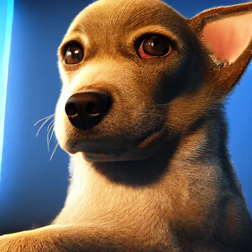 Image similar to crisp quality and light reflections, photorealistic portrait, studio lighting, still photo of a cute dog with human eyes, bright studio setting, highly detailed, unreal engine 5 quality render, uncanny valley