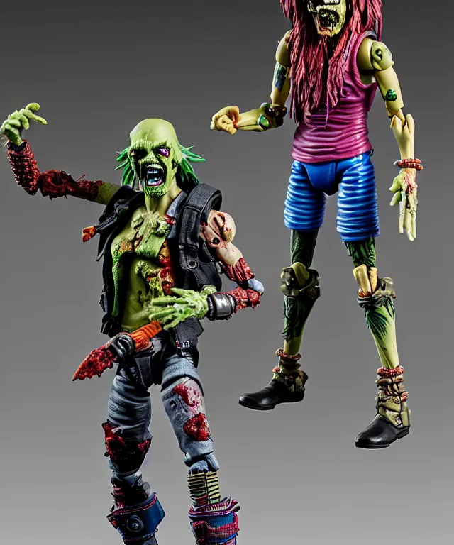 Prompt: hyperrealistic rendering, punk rock zombie is motu action figure, product photography