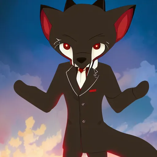 Prompt: key anime visual of a portrait of an anthropomorphic black male fox anthro fursona, wearing a dark red business suit, stern menacing male eyes, anime office interior, official anime still