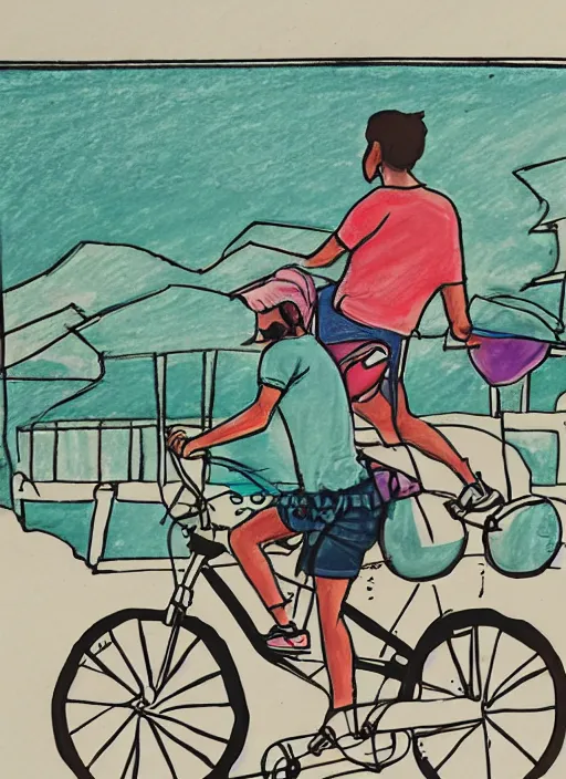 Prompt: drawing of a atlanta urban outfitters style riding a bike going to the beach