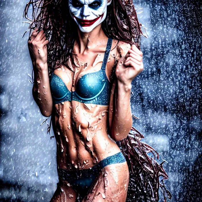 Image similar to fully body pose, photo of a very beautiful!! victoria secret model, the joker, wet hair, raining, 8 k, hdr, smooth, sharp focus, high resolution, award - winning photo, trending on artstation, dslr, 5 0 mm