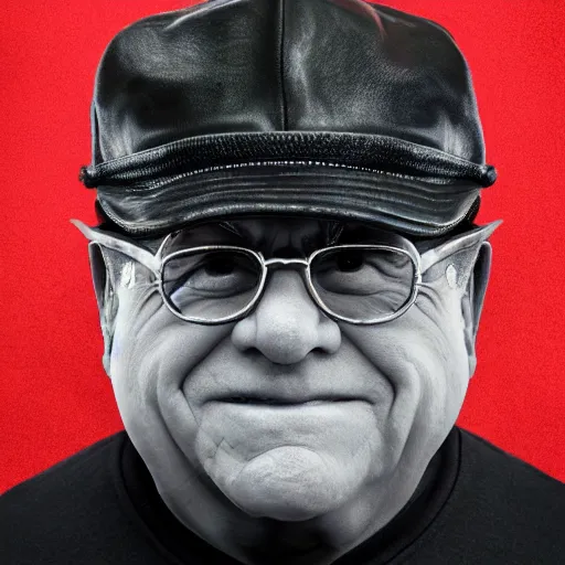 Image similar to ArnoldSchwarzeneggerDannyDevito hybrid, studio portrait, movie-cover-art headshot