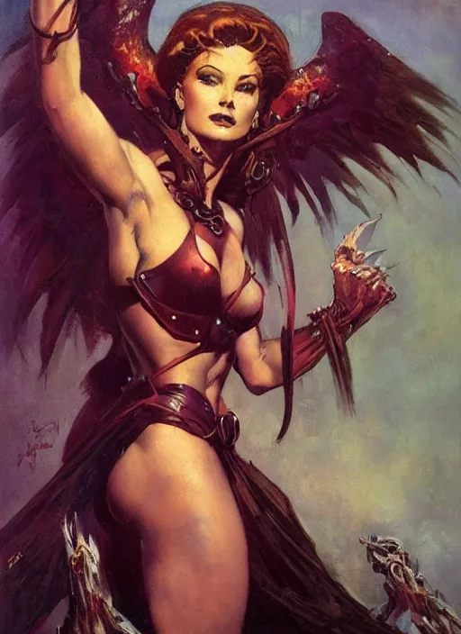 Image similar to portrait of female chaos angel, beautiful! coherent! by frank frazetta, by brom, strong line, deep color, armor, volumetric hair, high contrast