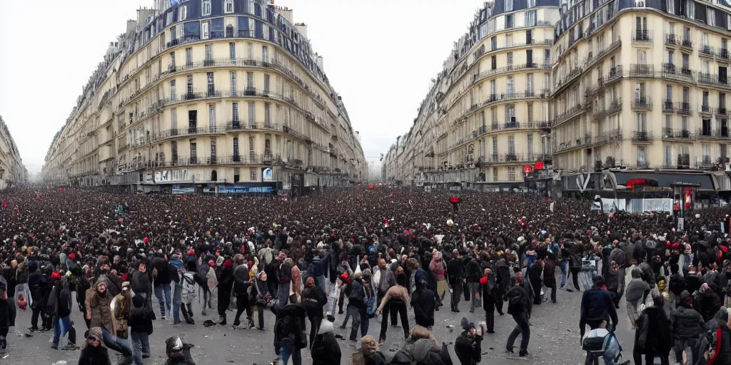 Image similar to million of people rioting on the streets of paris, wide angle