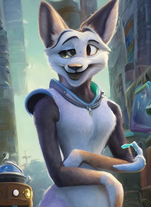 Image similar to oil painting detailed full body of anthromorphic female wolf, in style of zootopia, zootopia, zootopia, fursona, furry, furaffinity, 4 k, deviantart, furry art, fursona art, wearing astronaut outfit, in style of zootopia, wolf fursona, cyberpunk, female, detailed feminine face,