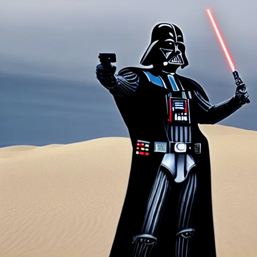 Prompt: Darth Vader with a Joker theme to his costume taking a selfie next to some sand dunes