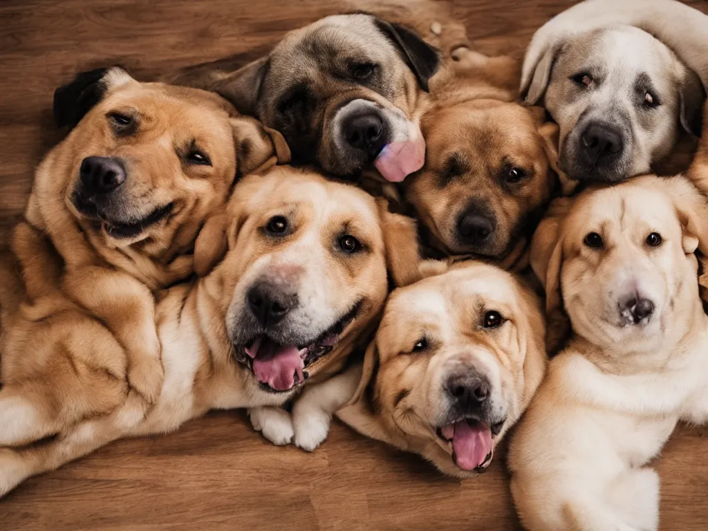 Image similar to fat dogs lying down and smiling at the camera, high definition detail, 8 k, photography