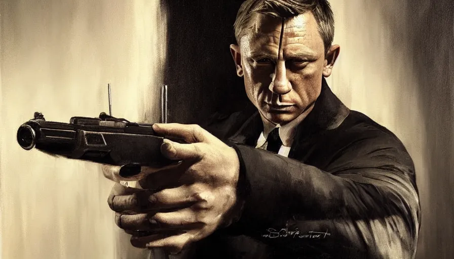 Prompt: a beautiful painting in the style of cedric peyravernay of daniel craig as james bond, dimly lit in the shadows holding a walther ppk close to his face, extremely detailed, 4 k