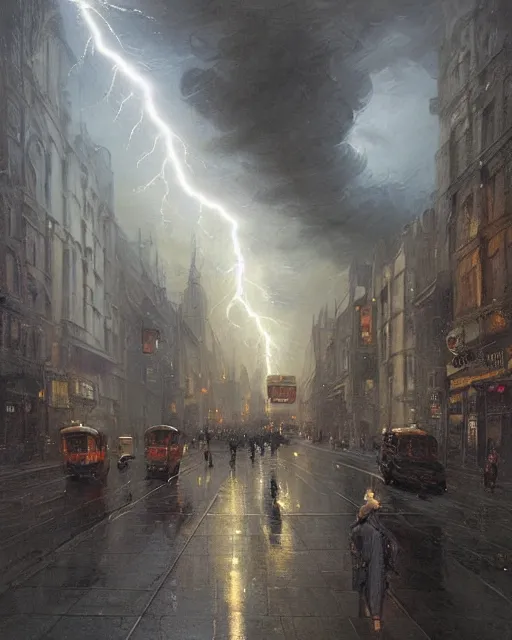 Image similar to a highly detailed epic cinematic concept art CG render digital painting artwork: Victorian London, lightning storm. By Greg Rutkowski, in the style of Francis Bacon and Syd Mead and Norman Rockwell and Beksinski, open ceiling, highly detailed, painted by Francis Bacon and Edward Hopper, painted by James Gilleard, surrealism, airbrush, Ilya Kuvshinov, WLOP, Stanley Artgerm, very coherent, triadic color scheme, art by Takato Yamamoto and James Jean
