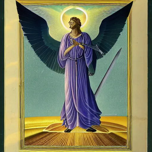 Image similar to an archangel channels a beacon of light through the tip of his sword overhead to the sky, ripples and refractions of light scatter from the tip of his sword pointing towards the sky