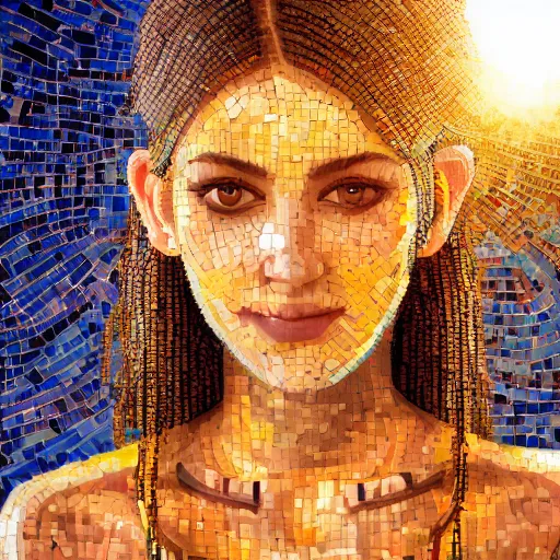 Image similar to portrait mosaic of a beautiful cute girl with robot ears and eyes, 4k, intricate details, digital, sun in the background