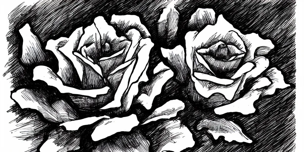 Image similar to ink lineart drawing of a rose, white background, etchings by goya, chinese brush pen illustration, high contrast, deep black tones, contour