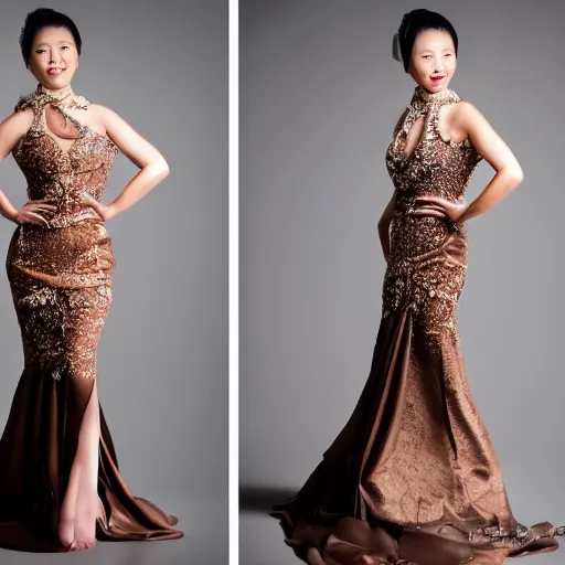 Image similar to an asian woman wearing a beautiful evening gown made of dark chocolate. studio lighting, high quality, high resolution