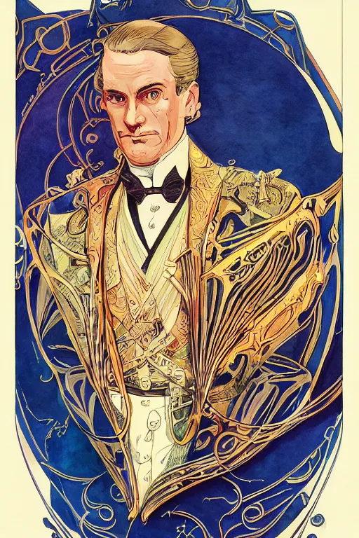 Image similar to zoomed out portrait of a duke, victorian era, art deco style, stylized illustration by moebius, juan gimenez, watercolor gouache detailed paintings in style of syd mead, metabaron, ghibli studio vibe, vivid colorful comics style, clean line, diesel punk,