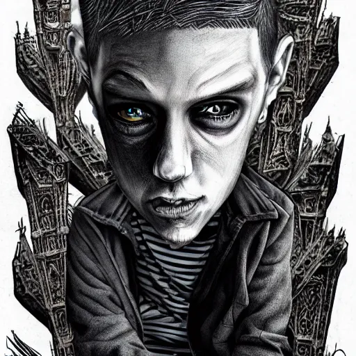 Image similar to michael karcz grunge drawing of eminem. , in the style of corpse bride, loony toons style, horror themed, detailed, elegant, intricate, trending on artstation, 4k