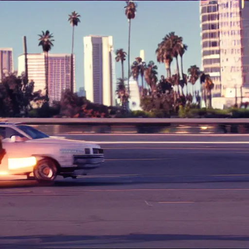 Image similar to film still of 'Los Angeles Robot Future' (2045). Car chase scene. Sigma 85mm f/8