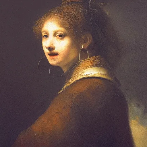 Prompt: rembrandt inspired portrait of luna set against a precisionist background. the woman's face is illuminated by a warm, golden light, and her gaze is downcast, as if she is lost in thought. the background is composed of geometric shapes and clean lines, creating a contrast with the woman's more organic features