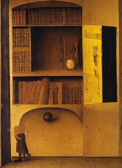 Image similar to bookshelf with books and children toys, medieval painting by jan van eyck, johannes vermeer, florence