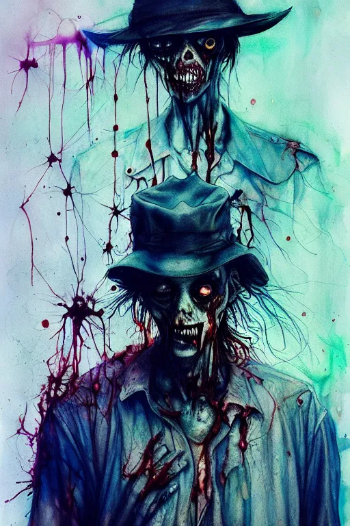 Image similar to zombie cop by agnes cecile, enki bilal, brian froud, bernie wrightson, intricated details, 3 / 4 view, full body portrait, extremely luminous bright design, horror, pastel colours, toxic drips, autumn lights