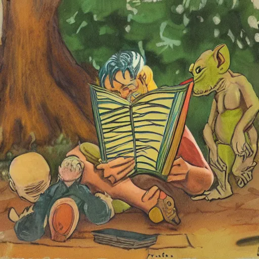 Image similar to robert wyatt sitting on the ground, reading a book to some goblins, artwork