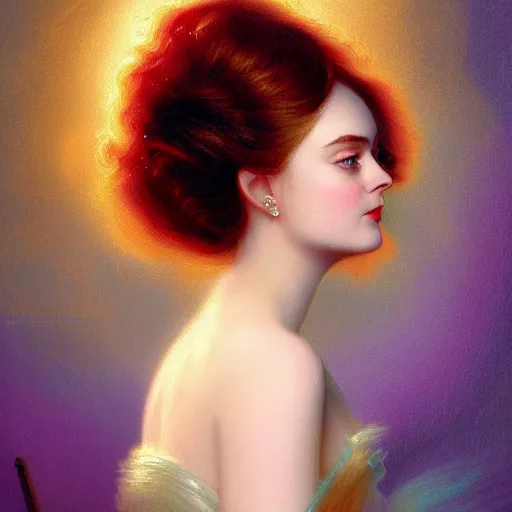 Image similar to professional painting of Elle Fanning in the style of Delphin Enjolras, head and shoulders portrait, symmetrical facial features, smooth, sharp focus, illustration, intricate, stormy weather, extremely detailed masterpiece,