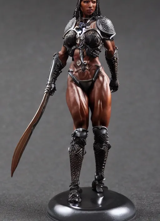 Prompt: 80mm resin detailed miniature of a beautiful muscular black female, clothed in worrier armor, brown skin, short dark hair, beautiful bone structure, symmetrical facial features, Product Introduction Photos, 4K, Full body